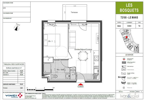 Appartement T2 à vendre  2 pièces - 39,40 m2 LE MANS - 72