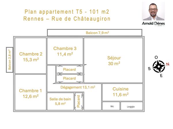 Rue de Châteaugiron - Grand T5 lumineux, 2 balcons, parking, cave, gare à 10 minutes