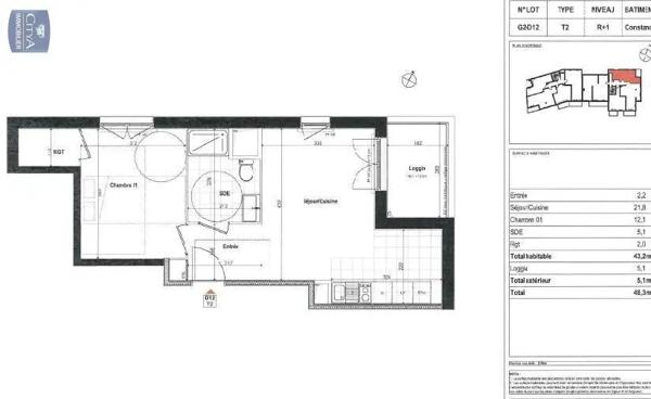 Appartement à louer 2 pièces 42.8m²