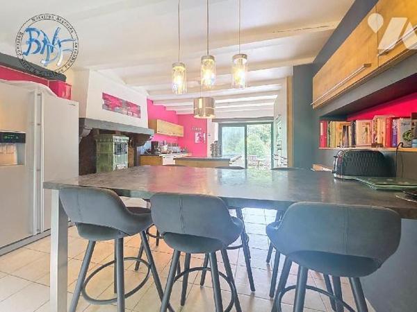 Longère au bord de la rivière sur 7 000 m², offrant vastes pièces de vie (117 m²), cuisine équi...