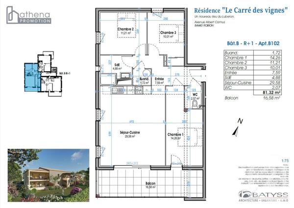 Appartement F4 à vendre  4 pièces - 81,32 m2 ROBION - 84