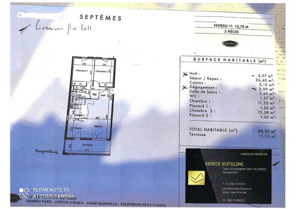 Septèmes-les-Vallons (13240) Appartement Type 3 plein sud avec terrasse .