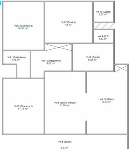Appartement 3 pièce(s) 2 chambre(s) 72 m²