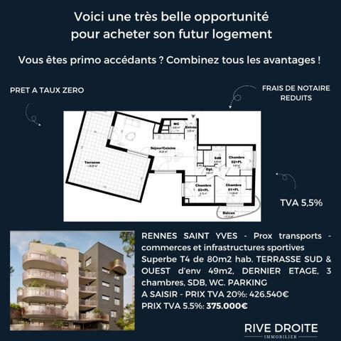 Rennes (35200) T4 SUD OUEST AVEC TERRASSE DE 49M2 - PARKING - OPPORTUNITE