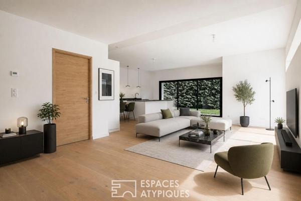 Maison contemporaine neuve et sa piscine en fond d’impasse