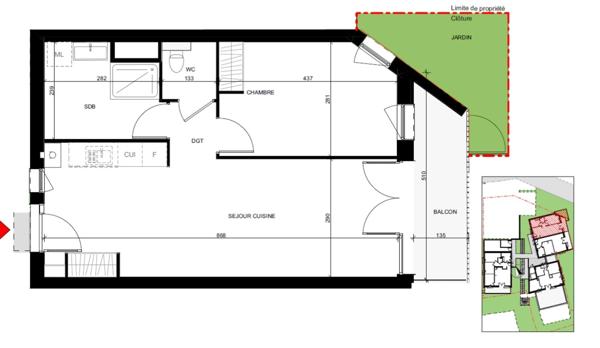 appartement T2 neuf à vendre ROUEN droite, surface hab 48.01 m2 + balcon 5.96 m2 + jardin 7.28 m2 + park.
