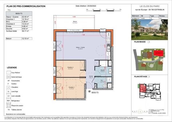 appartement à vendre 3 pièces - 69,21 m2 ESTRABLIN - 38