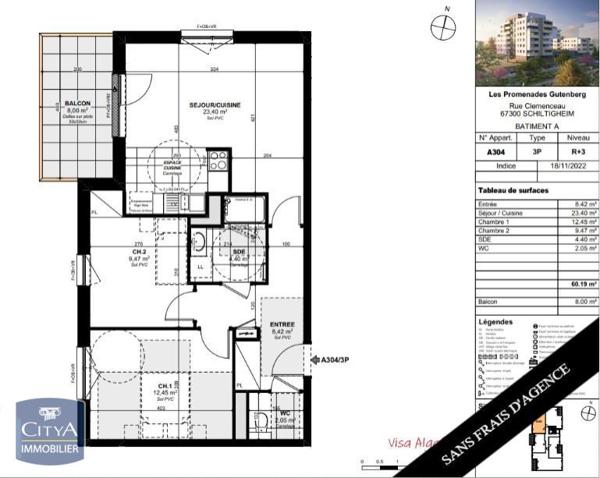 Location appartement Schiltigheim (67300) 3 pièces 60.19m²