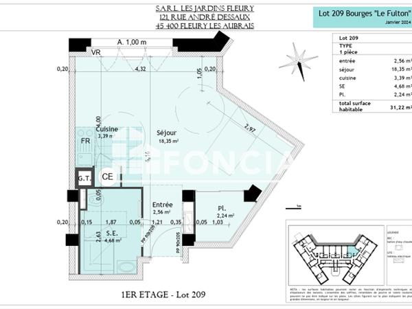 Location Studio 31.51 m² - 2 RUE LE FULTON Bourges 18000