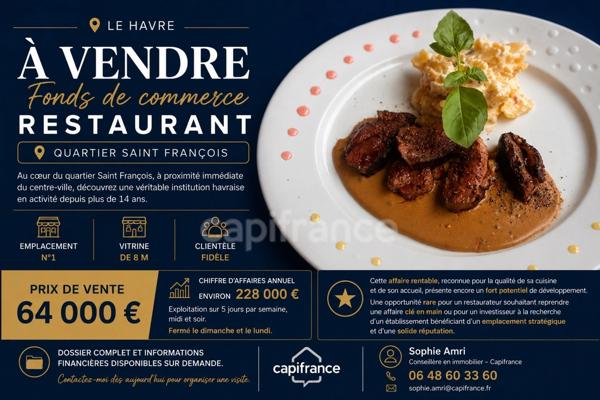 *Quartier Saint François - Le Havre* Fonds de commerce Restaurant 80 m² emplacement numéro 1, vitrine de 8 m.