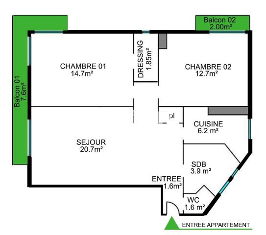 Appartement 3 pièces - 65 m² Exclusivité efficity