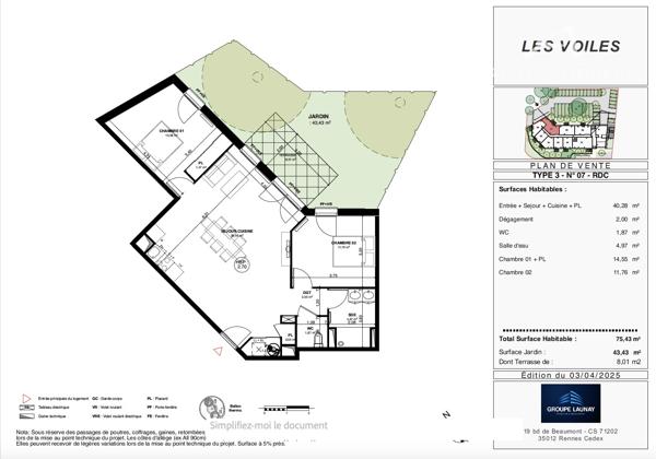 Appartement 3 pièces de 75,43 m2 rez-de-chaussée Residence les Voiles Détails des diagnostics énergétiques