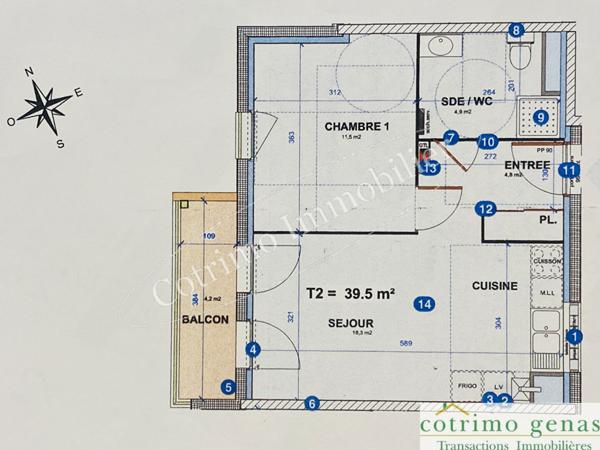 CHASSIEU 69680 Beau T2 de 39,44m²+balcon+parking
