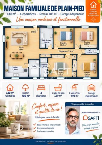 Maison familiale de plain-pied – 130 m² – 4 chambres – Terrain 705 m² – Garage indépendant