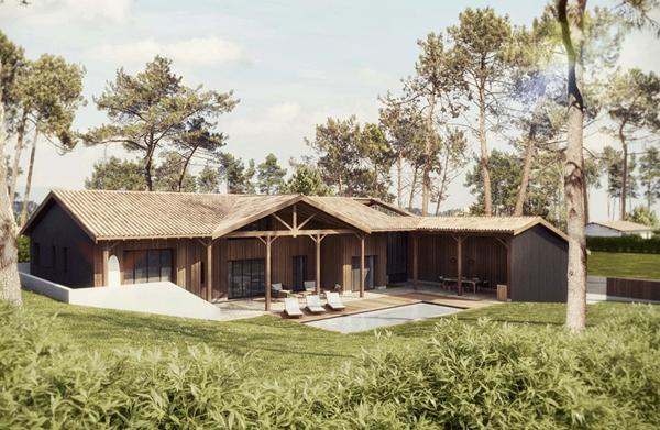 Ravissante villa bois, Golf de Biscarrosse, 5 chambres, piscine chauffée, sur terrain de 1112 m2