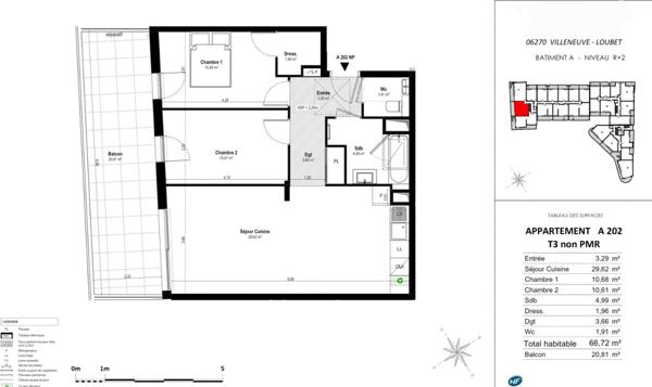 Villeneuve-Loubet/ Parc Vaugrenier/Neuvelle Appartement 3P/ Dernier étage/ Aperçu mer