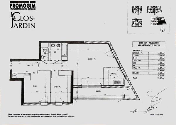 Appartement de type 3 de 65.09m² avec garage fermé en sous-sol situé à Meyzieu Centre
