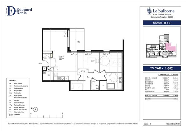 Appartement Etaples 3 pièces 64.02m² + balcon 5.4m²