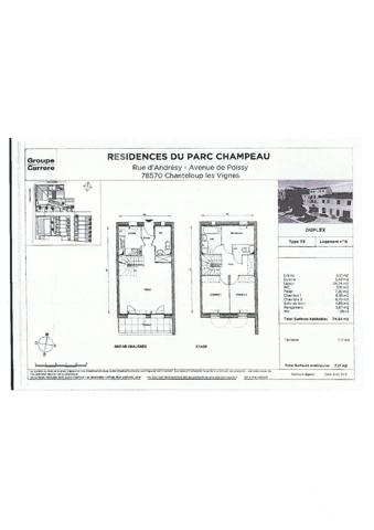 Appartement F3 à vendre  3 pièces - 74,70 m2 CHANTELOUP LES VIGNES - 78