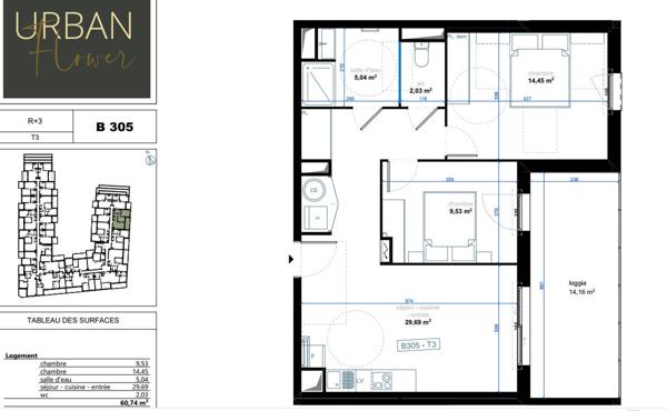 NEUF. Superbe T3 au dernier étage sans vis-à-vis au prix de 227 400 € parking inclus.