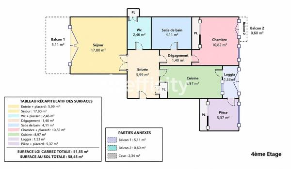 Appartement
         2 pièces
        - 58 m²