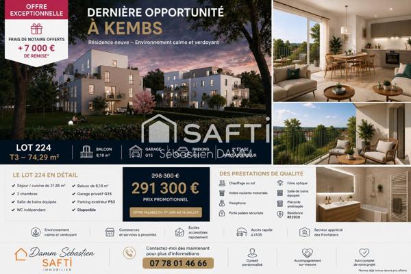 KEMBS – Appartement 3 pièces neuf avec balcon, garage et parking