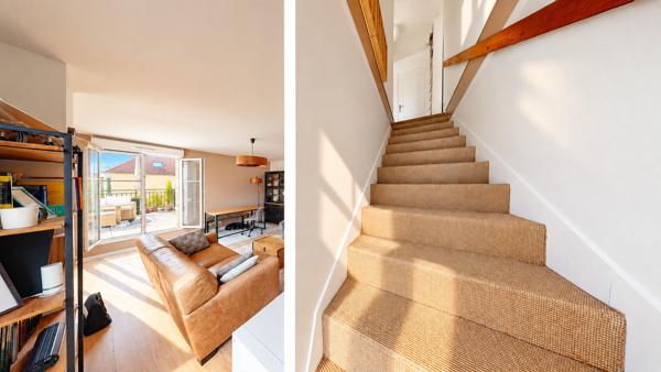 Appartement Vaureal F5 en DUPLEX au COEUR DE VILLE de 75 m2 avec 43 m2 de terrasse et 2 places de parking en sous sol.