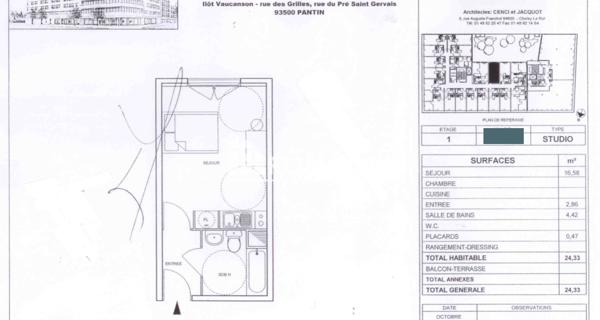 À vendre Studio 23.63 m² - Pantin 93500