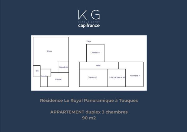 Bel appartement en duplex 90 m2 à vendre 3 chambres, vue dégagée sur Deauville plein ouest, parking en sous-sol
