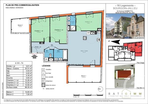 Appartement T4 à vendre  4 pièces - 86,35 m2 BOURGOIN JALLIEU - 38