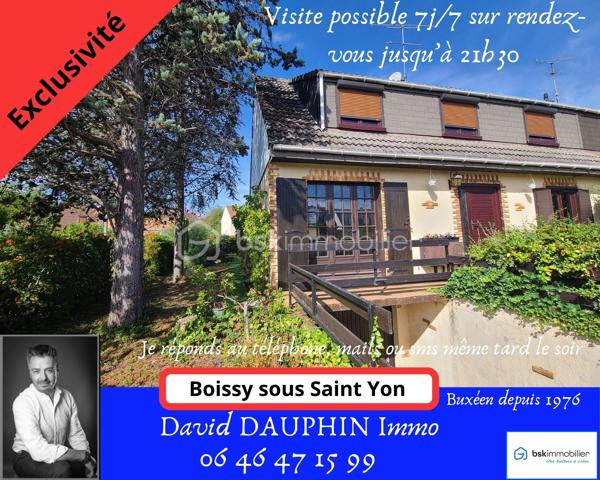 EXCLUSIVITÉ 
– Pavillon familial à Boissy-sous-Saint-Yon
Dans un environnement calme d’une impasse, venez découvrir sans tarder ce pavillon mitoyen d’un côté, offrant de beaux volumes et un agréable jardin clos exposé Ouest.
Dès l’entrée, vous découvrirez un séjour / salle à manger traversant, lumineux et convivial, ainsi qu’une cuisine donnant directement accès à la terrasse et au jardin. L’exposition Ouest vous permettra de profiter pleinement des belles soirées en extérieur.
Ce même niveau propose également une chambre d’environ 14 m², une buanderie, des WC ainsi qu’un accès au sous-sol.
Un bel escalier dessert l’étage, où un couloir mène à 4 chambres, dont une belle chambre traversante Est/Ouest d’environ 21 m², ainsi qu’une salle d’eau. Un accès aux combles complète cet espace.
Le sous-sol d’environ 69 m² constitue un véritable atout. Il se compose d’une belle buanderie, d’une seconde pièce pouvant être aménagée selon vos besoins (bureau, salle de loisirs, atelier, stockage…) et d’un garage d’environ 20 m².
Les + du bien
- Pavillon offrant une belle surface et de nombreux espaces
- 5 chambres au total
- Jardin entièrement clos avec terrasse
- Exposition Est/Ouest
- Fenêtres PVC double vitrage (2019)
- Chaudière gaz récente (2021)
- Volets occultants manuels
- Possibilité de stationner plusieurs véhicules (Garage, allée de garage et devant la maison)
- Sous-sol de 69 m²
- Proximité des écoles maternelles, primaires (Publique et privée), des commerces (pharmacie, bureau de poste, coiffeur, cabinet médical), mais également des activités sportives telles que stade de foot, court de tennis, city, gymnase et ses nombreuses associations....
Un village où on se sent bien vivre.
Un bien idéal pour une famille à la recherche d’espace, de tranquillité et de potentiel.
📅 Visites possibles 7j/7 sur rendez-vous, et ce jusqu'à 21h30

***** Contactez-moi rapidement pour organiser votre visite ! *****