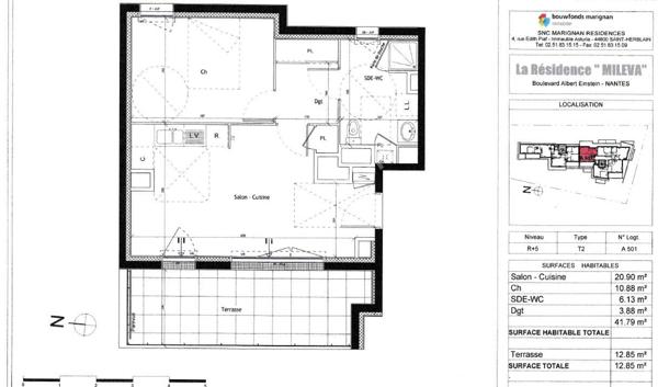 NANTES GERAUDIERE : T2 en dernier étage terrasse dans résidence de 2016, ascenseur, exposition Ouest, parking s/sol + cave. Proche petits commerces et grands axes.