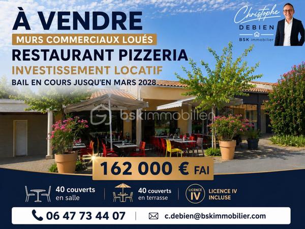 Christophe Debien – BSK Immobilier vous propose à la vente les murs commerciaux d'un restaurant-pizzeria idéalement situé au sud du secteur de Montaigu, au cœur d'une commune dynamique d'environ 3 700 habitants.

Bénéficiant d'un emplacement stratégique et d'une zone de chalandise d'environ 25 000 habitants à moins de 10 minutes, ce local commercial profite d'un environnement favorable à l'activité économique ainsi que d'une clientèle fidèle et régulière.

Le bien développe une surface exploitable d'environ 128 m² et accueille actuellement un restaurant-pizzeria disposant d'une capacité d'environ 80 couverts, répartis entre :
•	40 couverts en salle,
•	40 couverts en terrasse.

Les murs sont vendus occupés, avec un bail commercial en cours jusqu'en mars 2028, offrant une excellente visibilité locative.
Le loyer actuel est de 1 200 € par mois, soit 14 400 € de revenus locatifs annuels, représentant une rentabilité locative brute d'environ 8,9 % sur le prix de vente, un atout particulièrement recherché pour un investissement patrimonial.

L'emplacement, la qualité de l'exploitation actuelle et le dynamisme du secteur en font un bien particulièrement attractif pour un investisseur souhaitant acquérir des murs commerciaux déjà loués.

Les atouts du bien
•	Emplacement stratégique au cœur d'une commune dynamique,
•	Surface exploitable d'environ 128 m²,
•	Restaurant en activité,
•	Bail commercial sécurisé jusqu'en mars 2028,
•	Revenus locatifs de 14 400 € par an,
•	Rentabilité locative brute d'environ 8,9 %,
•	Zone de chalandise d'environ 25 000 habitants,
•	Investissement patrimonial avec locataire en place,
•	Possibilité, à terme, de récupérer les locaux à l'échéance du bail selon les dispositions du bail commercial et de la réglementation en vigueur.

Plusieurs possibilités d'acquisition

Afin de répondre aux différents projets des acquéreurs, plusieurs solutions sont envisageables :

• Acquisition des murs commerciaux uniquement : 162 000 € FAI

Une opportunité idéale pour un investisseur souhaitant bénéficier immédiatement de revenus locatifs sécurisés grâce à un bail commercial en cours et un locataire exploitant déjà en place.

• Acquisition du fonds de commerce uniquement : 125 000 € FAI

Pour un professionnel de la restauration souhaitant reprendre une affaire reconnue et poursuivre immédiatement son activité dans le cadre du bail commercial existant.

• Acquisition de l'ensemble (fonds de commerce + murs commerciaux) : 280 000 € FAI

La solution idéale pour devenir propriétaire de votre outil de travail tout en constituant un patrimoine immobilier. Vous supprimez le coût du loyer commercial, maîtrisez pleinement votre exploitation et valorisez votre investissement sur le long terme.

Prix de vente
162 000 € Frais d'Agence Inclus
Honoraires : 12 000 € TTC Inclus soit 7,41 % du prix FAI soit 10 000 € HT

Pour tout renseignement complémentaire, obtenir les éléments du bail ou organiser une visite :
Christophe Debien
BSK Immobilier

Dossier complet, bail commercial et éléments financiers disponibles sur demande.