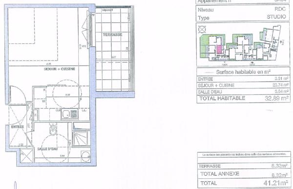 STUDIO 32m² + TERRASSE + PARKING - CERGY