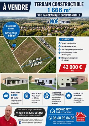 Vous rêvez de construire votre maison dans un cadre calme, verdoyant et avec une vue imprenable ?
Découvrez ce superbe terrain constructible situé sur la commune de Noé (89320), composé de deux parcelles égales pour une superficie totale de 1 666 m².

🌳 Ses points forts :
✔ Magnifique vue panoramique sur la campagne environnante
✔ Environnement paisible et préservé
✔ 50 mètres de façade, offrant de nombreuses possibilités d'implantation et d'aménagement
✔ Belle surface permettant de nombreux projets de construction
✔ Terrain idéal pour une résidence principale ou secondaire

📍 Emplacement privilégié :
À seulement 8 minutes de Sens
Commerces, écoles, services et zones commerciales rapidement accessibles
Gare SNCF de Sens avec liaison directe vers Paris-Bercy en 54 minutes
Accès rapide à l'autoroute A5 pour rejoindre Paris et les grands axes routiers

Rare sur le secteur, ce terrain offre un cadre de vie recherché, alliant calme, nature et proximité immédiate des commodités. 
Son importante façade de 50 mètres et sa vue dégagée en font une opportunité idéale pour concrétiser votre projet de construction.

📞 Contactez-moi dès aujourd'hui pour plus d'informations ou pour organiser une visite.