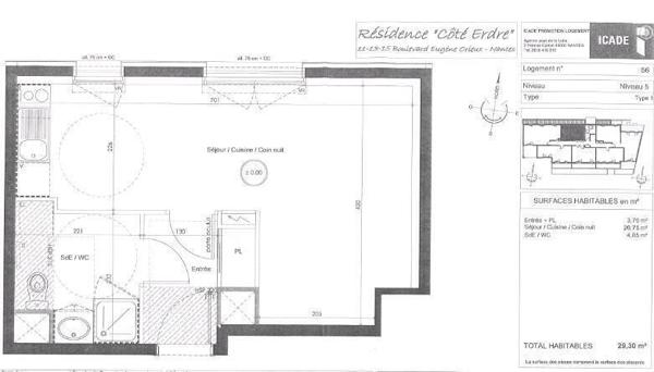 Appartement 1 pièce                                        - 44000 Nantes - Saint Pasquier - Saint Félix Réf : 11959