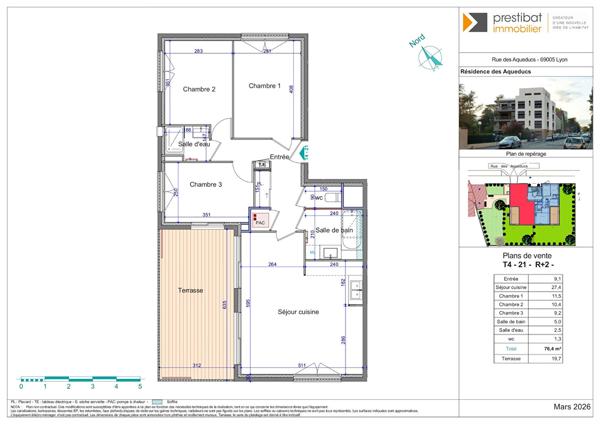 LYON 5EME secteur Aqueducs - Appartement T4 NEUF de 76,40 m² - 3 chambres - Avec terrasse