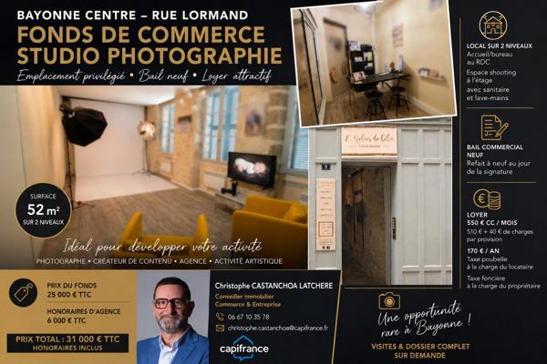 BAYONNE CENTRE – Fonds de commerce de photographie avec studio de prise de vue – Faible loyer