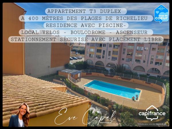 Appartement à vendre 3 pièces LE CAP D'AGDE (34), DUPLEX T3 - 400 m des plages - Vendu Meublé - dans résidence avec Piscine & Ascenseur