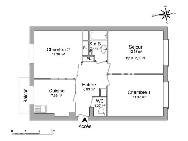 Location Appartement 3 pièces 54.2 m² - 30 RUE DES CHAMPS ELYSEES Grenoble 38100