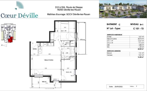 Appartement Deville Les Rouen 3 pièces + 2 balcons + Parking