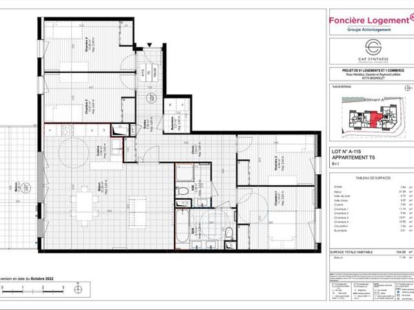 Location Appartement 5 pièces 104.1 m² - 1/3/5 Rue Helvétius Bagnolet 93170