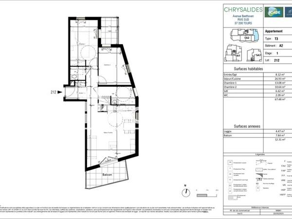 Location Appartement 3 pièces 67.5 m² - AVENUE BEETHOVEN Tours 37200