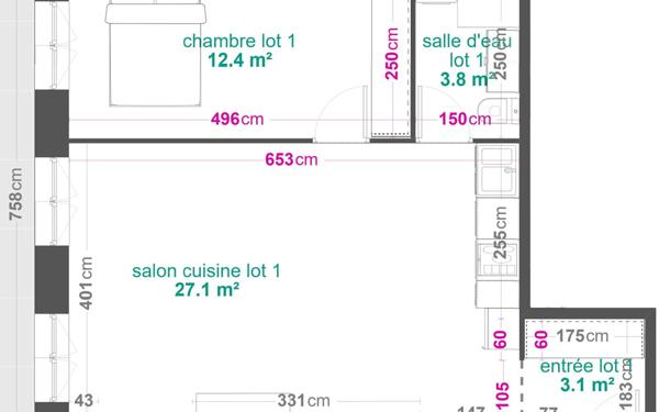 Appartement à vendre    2 pièces • 45 m2 Lyon 3