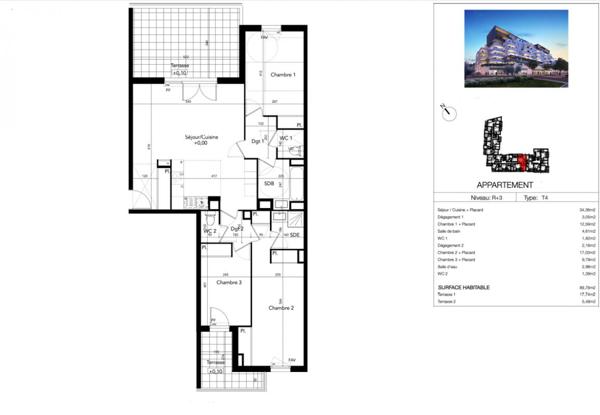 T4 90 m² troisième étage avec deux terrasses 17 m² , et 5,5 m² Béziers (Avenue du Président Wilson)