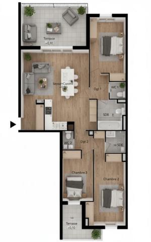 T4 90 m² troisième étage avec deux terrasses 17 m² , et 5,5 m² Béziers (Avenue du Président Wilson)