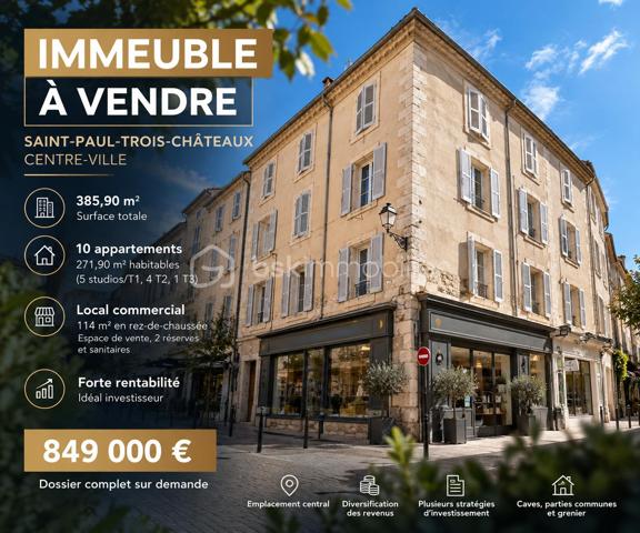Immeuble de rapport – 10 appartements + local commercial – Saint-Paul-Trois-Châteaux

Idéal investisseur – Forte rentabilité – Emplacement centre-ville

Situé au cœur de Saint-Paul-Trois-Châteaux, découvrez cet immeuble de rapport de 385,90 m², offrant une configuration particulièrement intéressante pour un investissement locatif et patrimonial.

L'ensemble comprend 10 appartements, représentant environ 271,90 m² habitables, avec une répartition diversifiée et adaptée au marché locatif : 5 studios/T1, 4 appartements T2 et 1 appartement T3.

En rez-de-chaussée, l'immeuble dispose également d'un local commercial d'environ 114 m², composé d'un espace de vente de plus de 73 m², de deux réserves et de sanitaires.

L'ensemble bénéficie d'une forte rentabilité locative, avec l'avantage de répartir le risque entre plusieurs logements et une surface commerciale.

La configuration actuelle permet également d'envisager différentes stratégies d'investissement : conservation de l'ensemble en patrimoine, optimisation de l'exploitation locative ou valorisation à terme par la revente individualisée des différents lots.

Des caves, parties communes et un grenier complètent l'ensemble.

Sa situation centrale à Saint-Paul-Trois-Châteaux, proche site EDF et ORANO. 
La diversité de ses lots, la présence du local commercial et son rendement en font un actif particulièrement intéressant pour un investisseur recherchant un immeuble complet avec revenus immédiats et potentiel de valorisation.

Dossier complet et informations complémentaires sur demande.