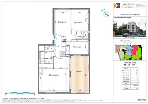 LYON 5EME secteur Aqueducs - Appartement T4 NEUF de 76,40 m² - 3 chambres - Avec terrasse