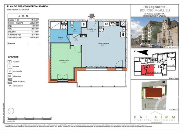 Appartement T2 à vendre  2 pièces - 46,54 m2 BOURGOIN JALLIEU - 38
