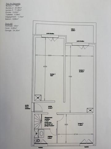 Bureaux  3 pièces 59.40 m2 + s/sol + cave + garage